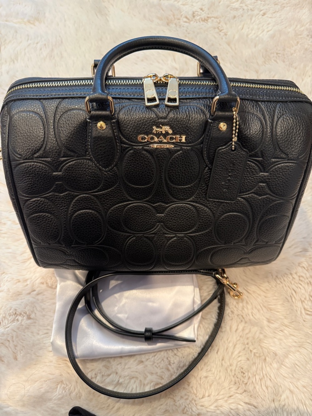 Coach Black Embossed Signature Leather Satchel with Gold Hardware
